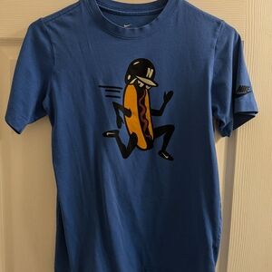 Nike Blue Graphic T-Shirt Youth Large with Hot Dog Design
